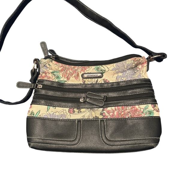 GUC Stone & Co Shoulder Bag Purse Floral/Black Faux Leather Very Clean 12"x9"x3" - Picture 1 of 5